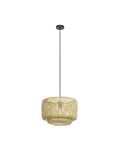 Suspension type HETTONLE Nature avec abat-jour rond en rotin et câble textile noir E27