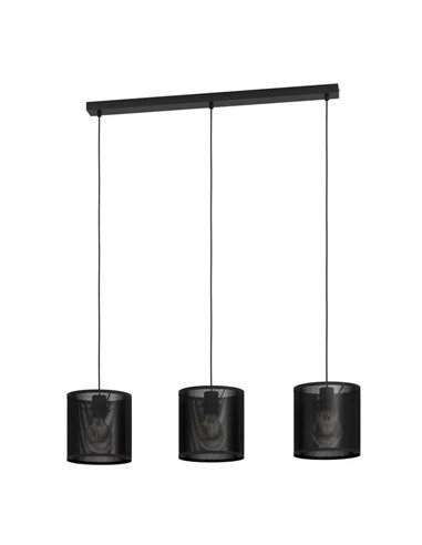 Candeeiro suspenso industrial MANBY com três abajures, metal expandido preto, 3XE27