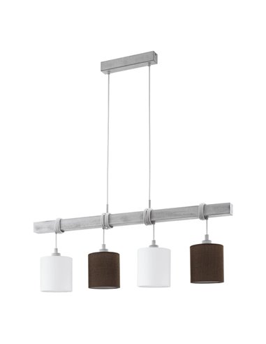 Candeeiro suspenso TOWNSHEND 2 com viga de madeira patinada e cortinas têxteis brancas e castanhas, 4XE27