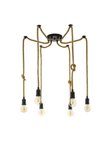 Lâmpada pendente RAMPSIDE Spider com 6 suportes de lâmpada suspensos em corda de cânhamo, 6XE27