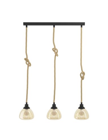 Lampe à suspension RAMPSIDE avec 3 abat-jour en verre ambré et corde de chanvre, 3XE27