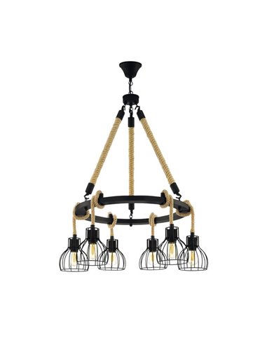 Lampe à suspension RAMPSIDE avec 6 abat-jour en fil noir et corde de chanvre, 6XE27