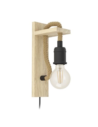 Aplique de Pared RAMPSIDE con Cuerda de Cáñamo y Portalámparas de Madera y Metal, E27