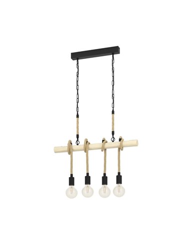 Lampe à suspension YOUNGSTOWN avec barre en bois, 4 supports de lampe suspendus en corde de chanvre, 4XE27