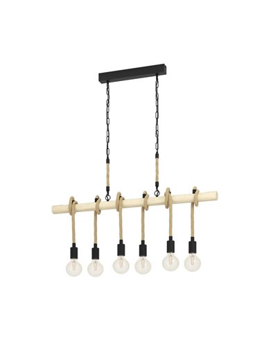 Lampe à suspension YOUNGSTOWN avec barre en bois, 6 supports de lampe suspendus en corde de chanvre, 6XE27