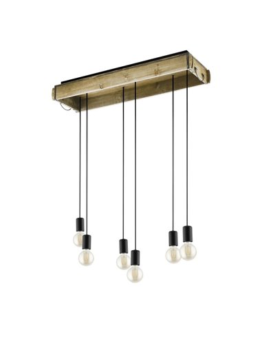 Candeeiro suspenso WOOTTON com caixa de madeira vintage e 6 suportes de metal preto, 6XE27