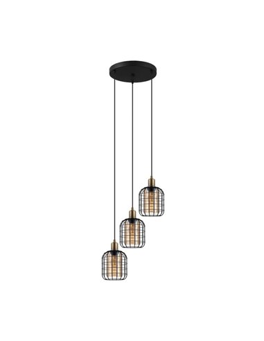 Candeeiro suspenso de base circular CHISLE com 3 luzes e cestos de arame preto e vidro âmbar, 3XE27