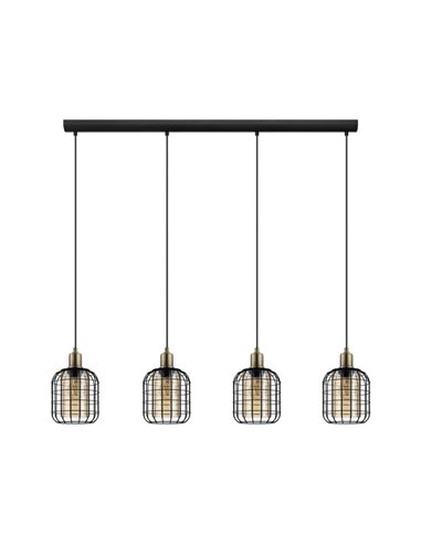 Candeeiro suspenso linear CHISLE 4 luzes com cestos de arame preto e vidro âmbar, E27