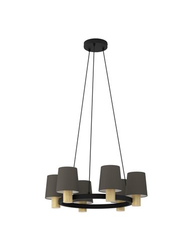 Candeeiro suspenso redondo EDALE de metal preto e madeira com abajures têxteis Cappuccino, Ø70cm, 6XE27