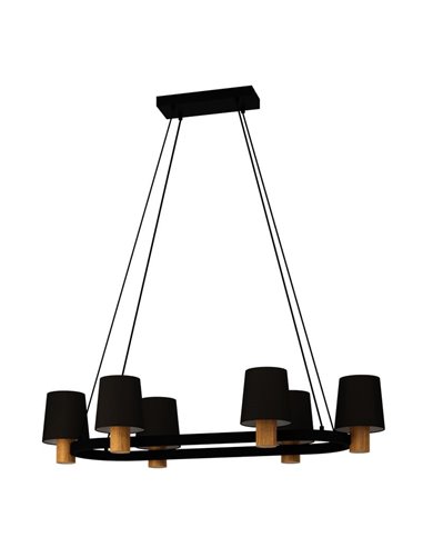 Lampe à Suspension Ovale EDALE en Métal Noir et Bois avec Abat-Jour Textile Cappuccino, 6XE27