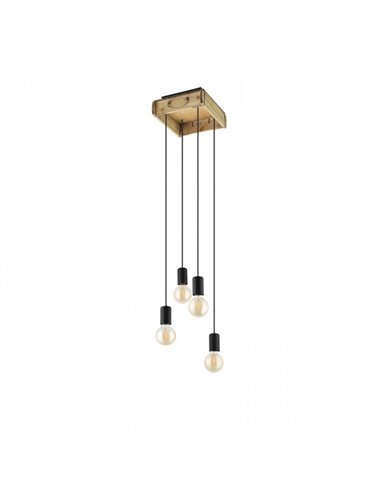 Candeeiro suspenso WOOTTON com caixa de madeira vintage e 4 suportes de metal preto, 4XE27