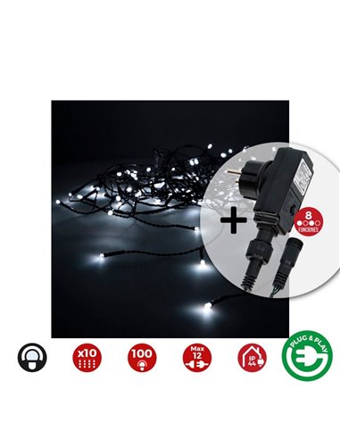 Cortina LED com 10 tiras com programador Easy-Connect branco frio, 2x1m, 8 funções, IP44 (interior/exterior)