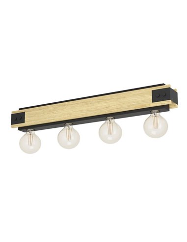 Candeeiro de teto LAYHAM em madeira flamejada e metal preto, com 4 luzes E27, 76cm de comprimento