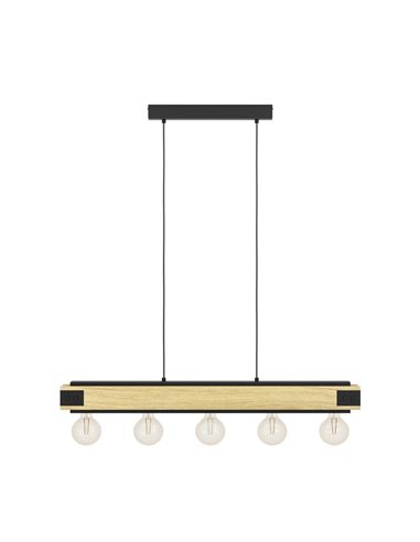 Lampe à suspension LAYHAM, en bois flammé et métal noir avec 5 Lumières E27