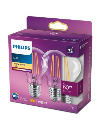 Pack 2 Ampoule LED A60 filament 7W Remplacement 60W Ton Lumière Chaude 2700K Philips